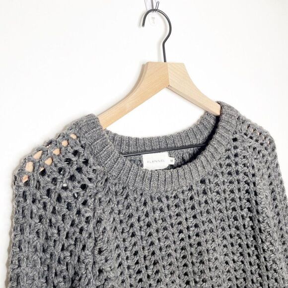 Flannel Chunky Open Crochet Knit Wool Blend Crew Neck Pullover Sweater Gray M - Picture 2 of 6